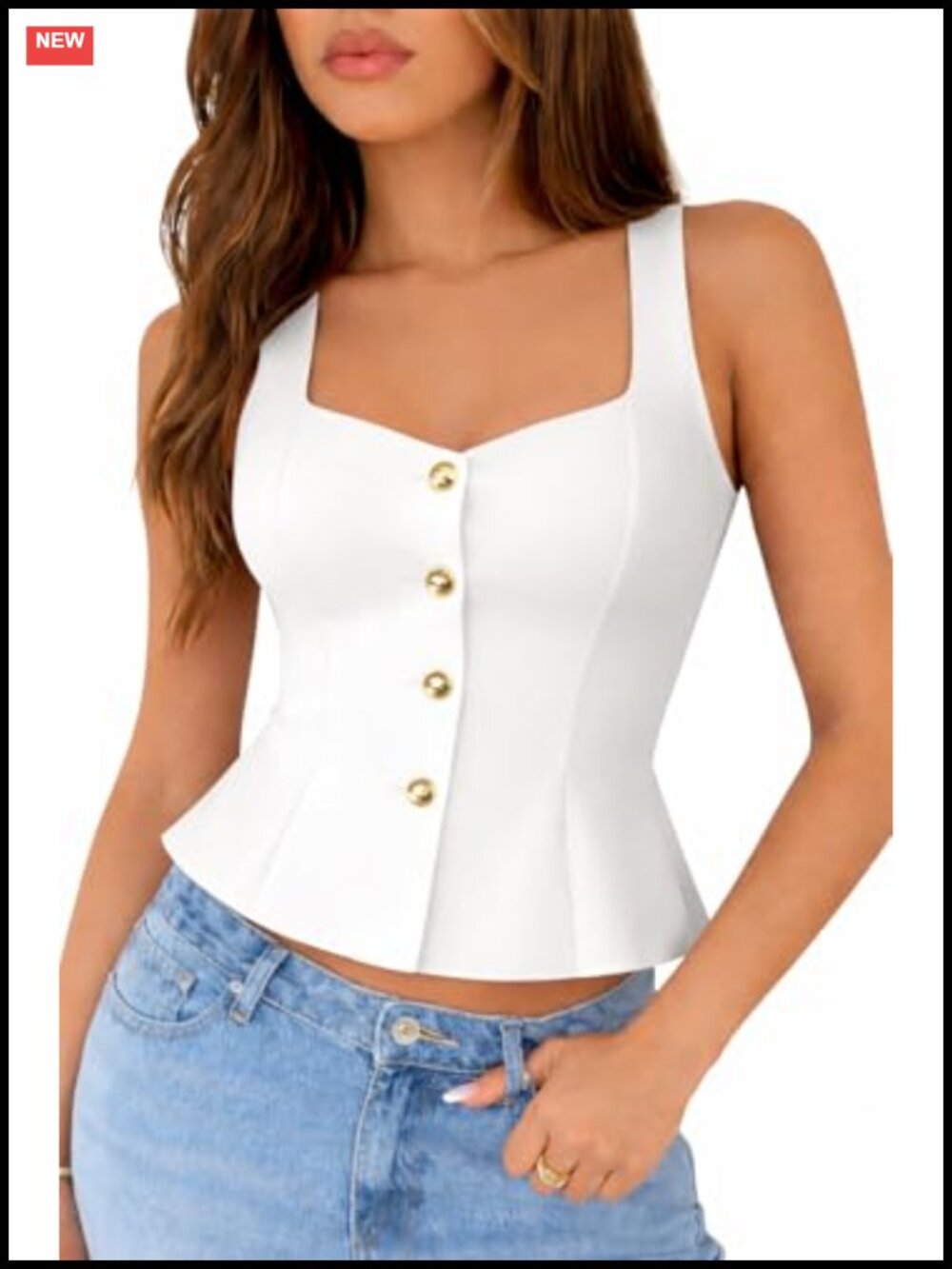 Women's Square Neck Button Up Tank Top Fitted Peplum Vest